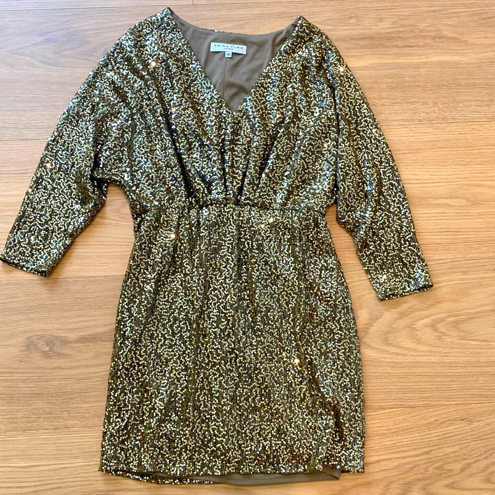 Trina Turk Gold Sequin, Deep V-Neck Mini Dress.  Size 10.